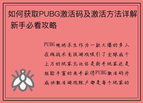 如何获取PUBG激活码及激活方法详解 新手必看攻略